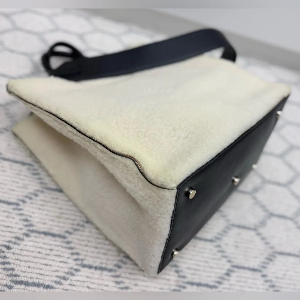 JIL SANDER Quiet Luxury Rare Leather-Trimmed Shearling Tote Bag W Shoulder Strap